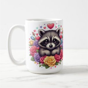 Niedliches Raccoon mit farbenfrohen Blume und Herz Kaffeetasse