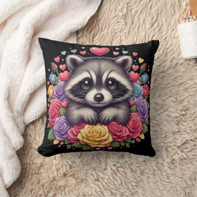 Niedliches Raccoon mit farbenfrohen Blume und Herz Kissen (Decke)