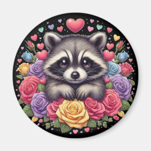 Niedliches Raccoon mit farbenfrohen Blume und Herz Magnet