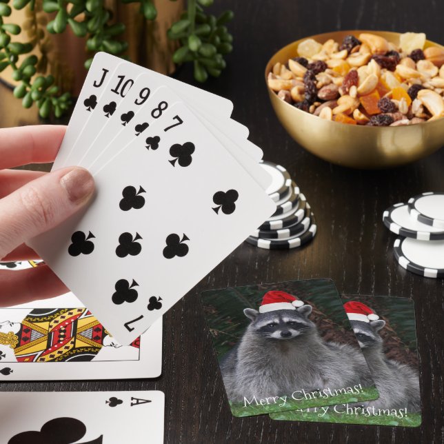 Niedliches Raccoon mit roter Weihnachtsmannmütze Spielkarten (In Situ)