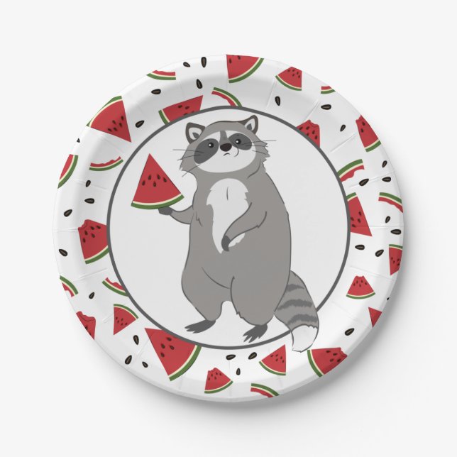 Niedliches Raccoon mit Wassermelonen Stücken Pappteller (Vorderseite)