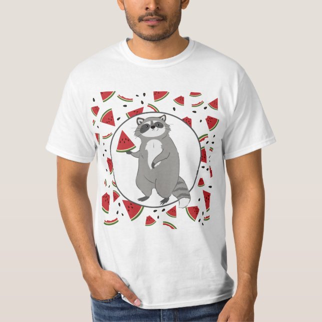 Niedliches Raccoon mit Wassermelonen Stücken T-Shirt (Vorderseite)