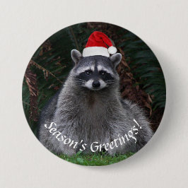 Niedliches Raccoon Rote Weihnachtsmannmütze Urlaub Button