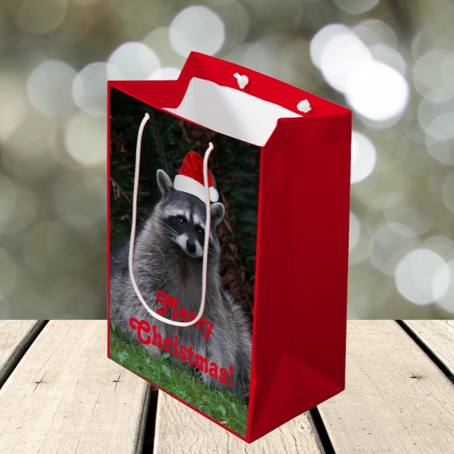 Niedliches Raccoon Rote Weihnachtsmannmütze Urlaub Mittlere Geschenktüte (In Situ)