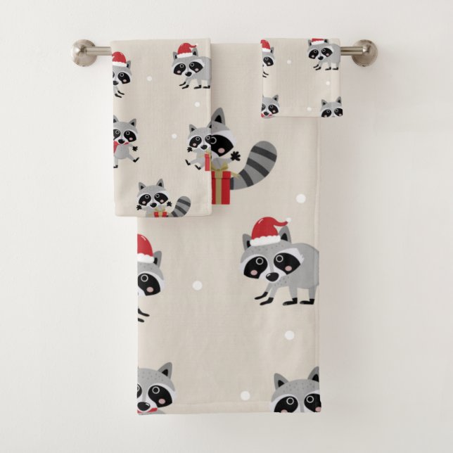 Niedliches Raccoon Weihnachtsmuster Badhandtuch Set (Insitu)