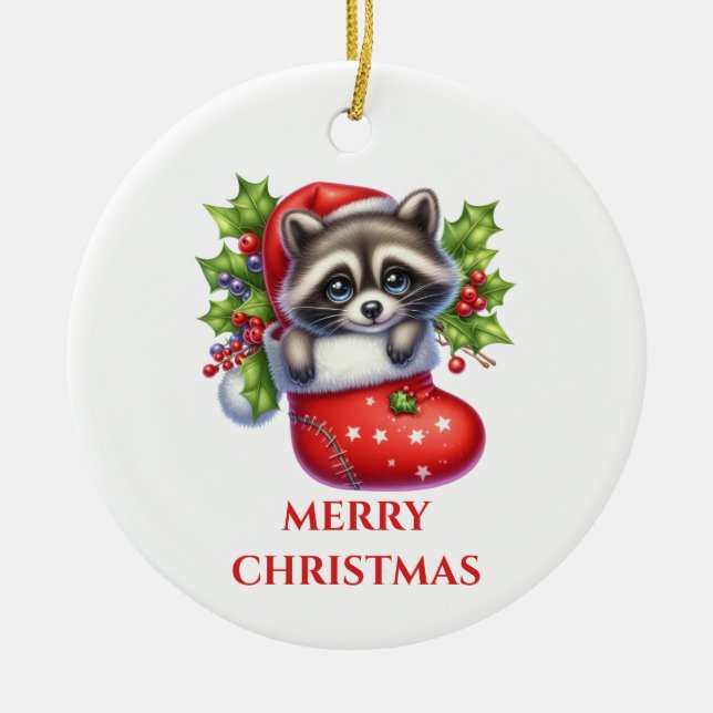 Niedliches Racoon Weihnachten Keramik Ornament (Vorne)