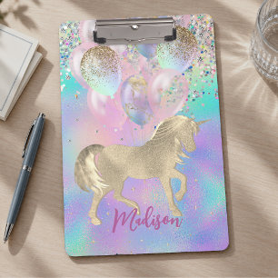 Niedliches Rainbow-Einhorn-Glitzer-Ballons Monogra Klemmbrett