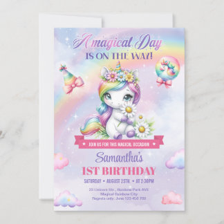 Niedliches Rainbow-Einhorn und Glitzern 1. Geburts Einladung