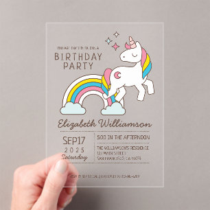 Niedliches Rainbow-Einhorn und Glitzern Geburtstag Acryleinladungen