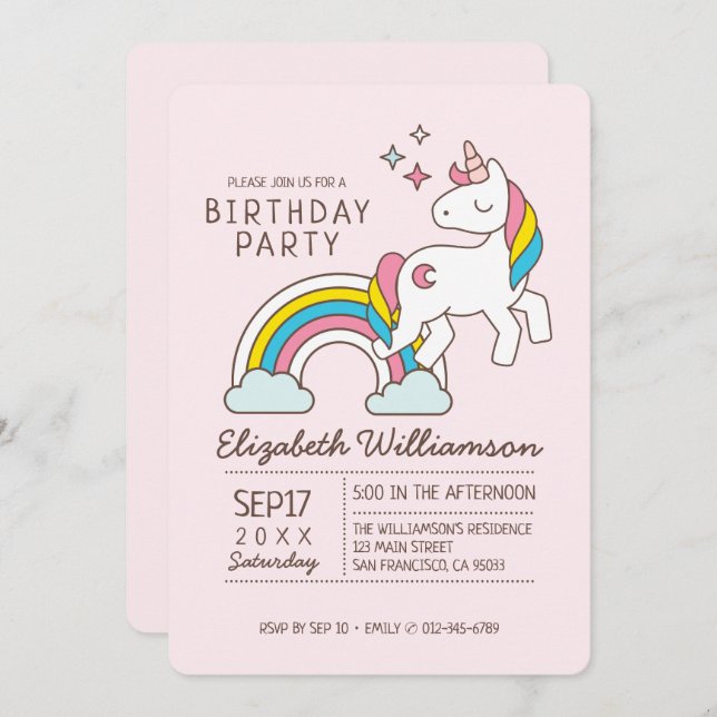 Niedliches Rainbow-Einhorn und Glitzern Geburtstag Einladung (Vorne/Hinten)