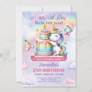 Niedliches Rainbow-Einhorn und Kuchenmädchen am zw Einladung