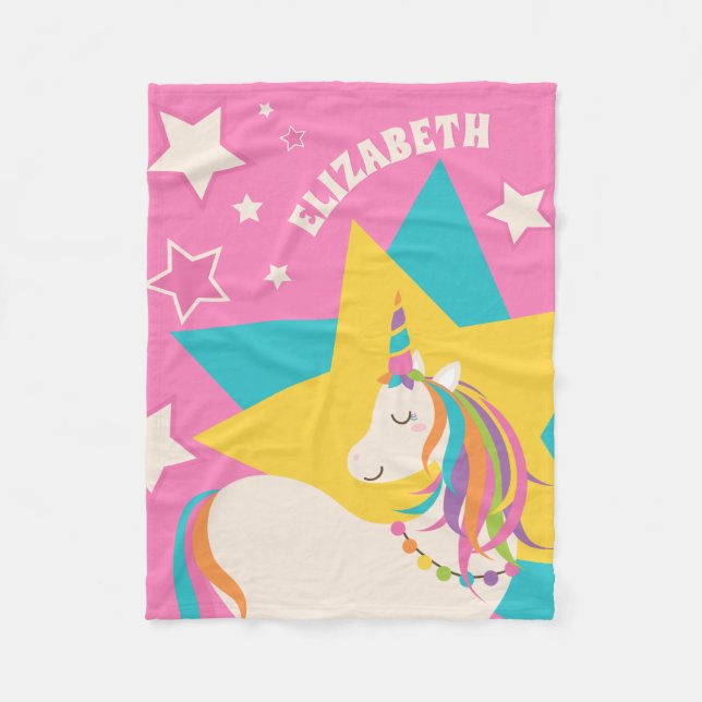 Niedliches Rainbow-Einhorn und Stars Girly-Pink-Mo Fleecedecke (Vorderseite)