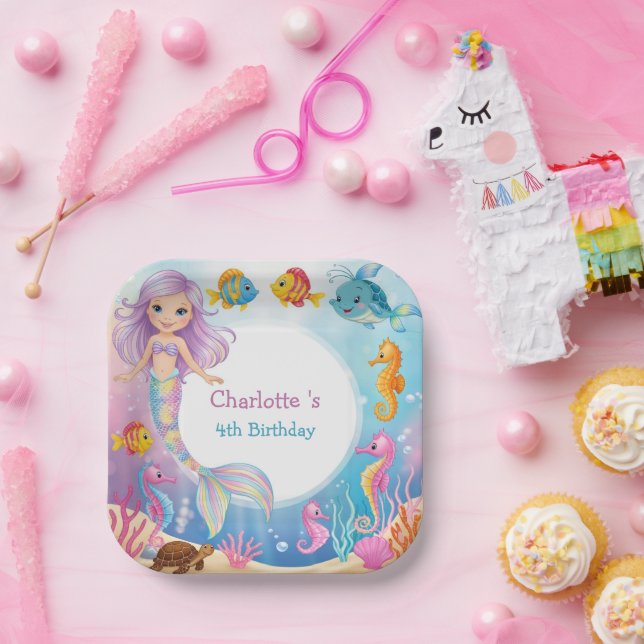 Niedliches Rainbow-Meerjungfisch Seepferd Geburtst Pappteller (Party)