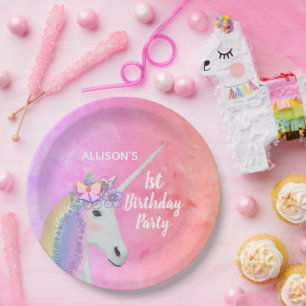 Niedliches Rainbow Unicorn 1. Geburtstag Party Pappteller