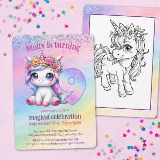 Niedliches Rainbow Unicorn 9. magischer Geburtstag Einladung