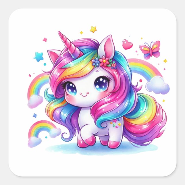 Niedliches Rainbow Unicorn Quadratischer Aufkleber (Vorderseite)