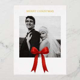 Niedliches Red Bow Foto Frohe Weihnachten Folien Feiertagspostkarte