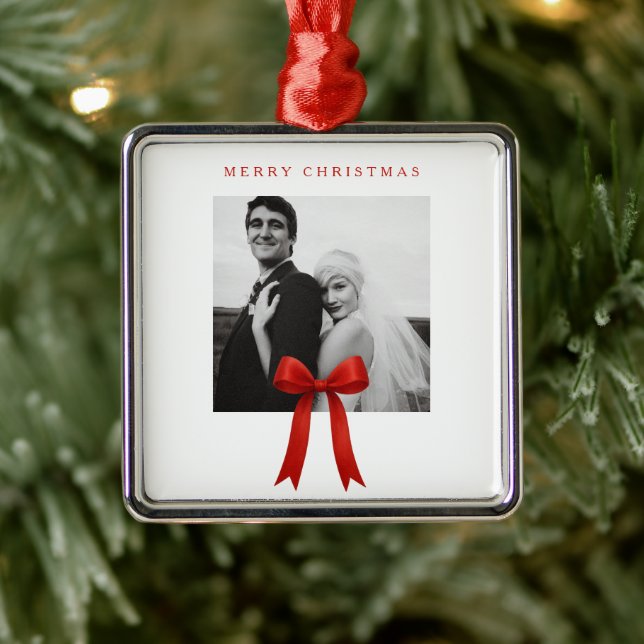 Niedliches Red Bow Foto Frohe Weihnachten Ornament Aus Metall (Baum)