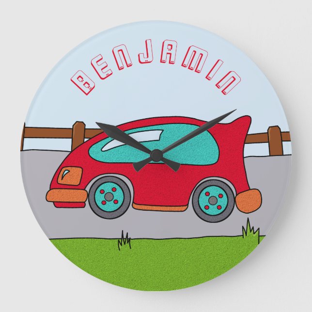Niedliches Red Car Road Boy Name Kinderzimmer Große Wanduhr (Vorderseite)