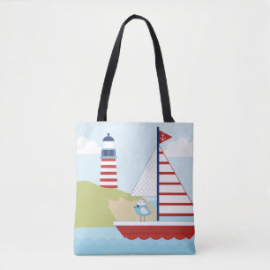 Niedliches Red Sail Boat und Leuchtturm