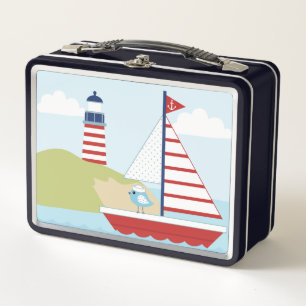 Niedliches Red Sail Boat und Leuchtturm Metall Brotdose