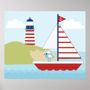 Niedliches Red Sail Boat und Leuchtturm Poster