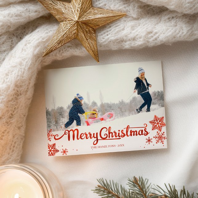 Niedliches Red Script Foto Snowflake Weihnachten Postkarte (Von Creator hochgeladen)