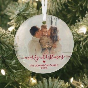 Niedliches Red Script Heart Family Foto Frohe Weih Ornament Aus Glas