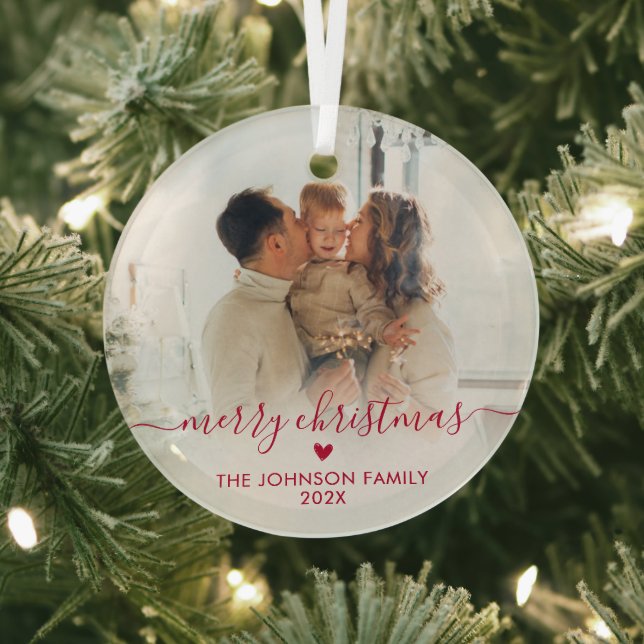 Niedliches Red Script Heart Family Foto Frohe Weih Ornament Aus Glas (InSitu)