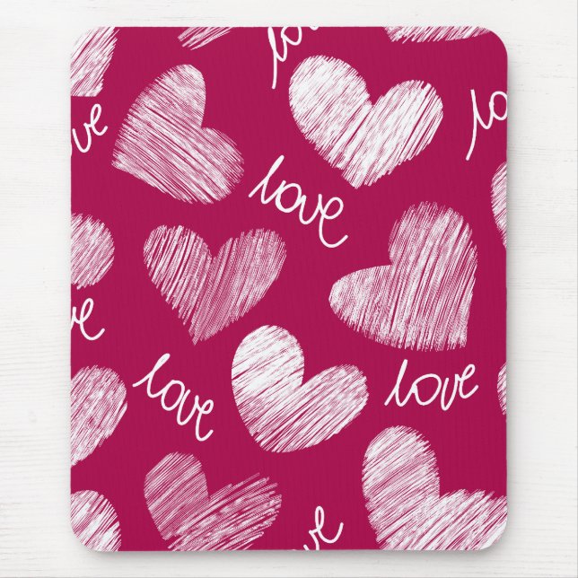 Niedliches Red White Scribbled Herz mit Liebe Scri Mousepad (Vorne)