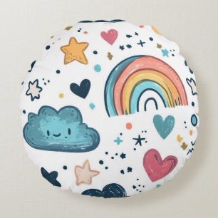 Niedliches Regenbogendoodle-Muster mit Wolken und Rundes Kissen