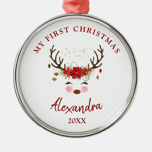 Niedliches Rentier Baby 1. Weihnachtsgeschenk Silbernes Ornament (Vorne)