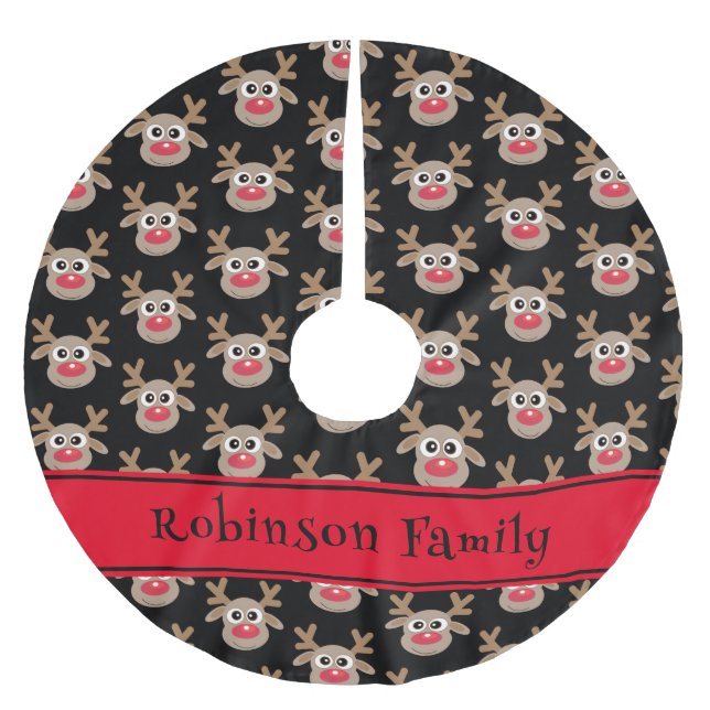 Niedliches Rentier-Cartoon-Muster Rot Schwarz Polyester Weihnachtsbaumdecke (Vorderseite)