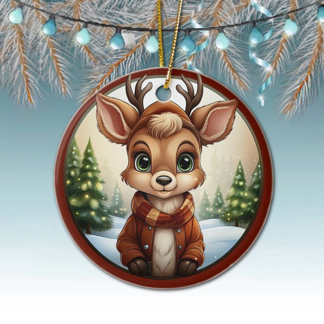 Niedliches Rentier, Hirschfäule, 🦌 Keramik Ornament (Cute Deer, Fawn, Doe Winter Christmas Trees Green Framed Xmas Holiday Snow Ornament Front/Back 🦌🎄)