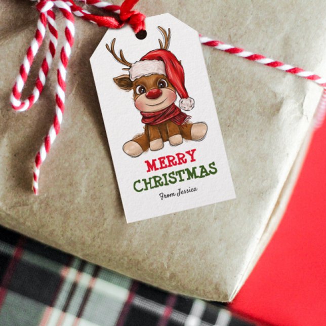 Niedliches Rentier in Weihnachtsmannmütze Kinder W Geschenkanhänger (Add a touch of holiday magic to your kids' Christmas gifts with this adorable reindeer gift tag.)