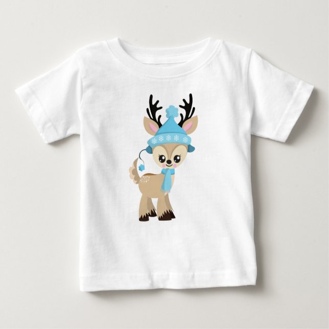 Niedliches Rentier, Kleine Rentiere, Blauer Hut, S Baby T-shirt (Vorderseite)