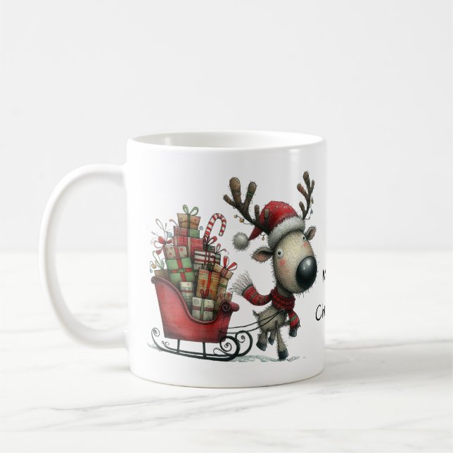 Niedliches Rentier mit Schlitten und Geschenken Kaffeetasse (Links)