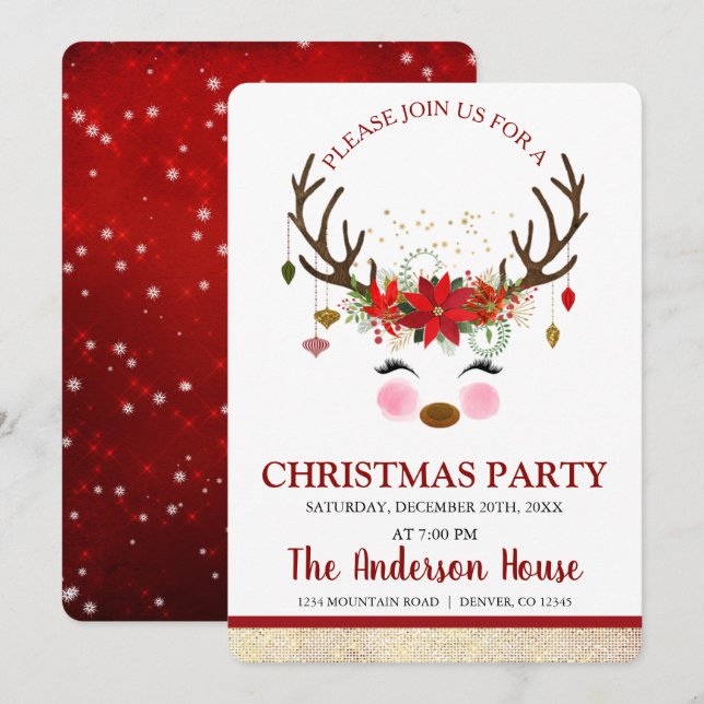Niedliches Rentier Weihnachtsfest Abendessen Party Einladung (Vorne/Hinten)