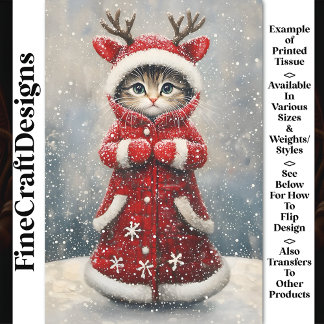 Niedliches Rentierkitten mit rotem Coat AK6F Decou Seidenpapier