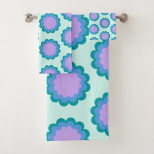 Niedliches Retro-Blume-Muster in Minze und Lila Badhandtuch Set