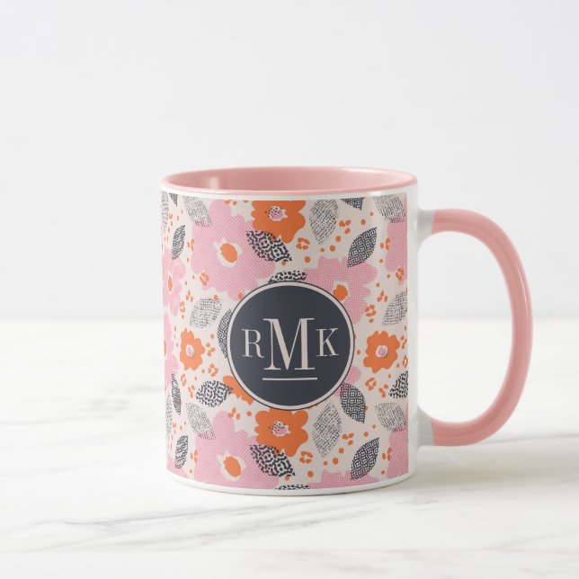 Niedliches Retro Blumenmuster des Monogramm-| Tasse (Rechts)