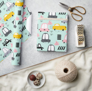 Niedliches Retro Cars glänzendes Papier, 30" x 6' Geschenkpapier