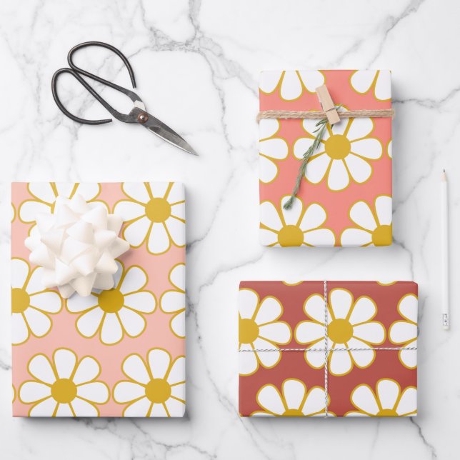 Niedliches Retro Floral Daisy Muster Geschenkpapier Set (Vorderseite)