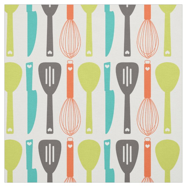 Niedliches Retro Green Orange Kitchen Utensidmuste Stoff (Muster)