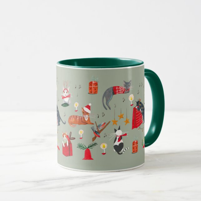 Niedliches Retro-Katzengrün Weihnachtsmuster Tasse (VorderseiteRechts)