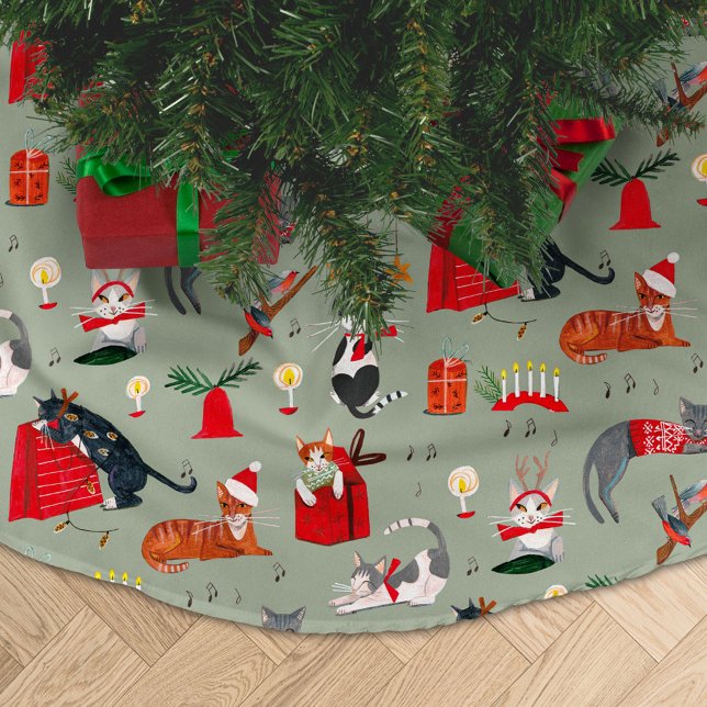 Niedliches Retro-Katzenmodell - Grün Weihnachten Polyester Weihnachtsbaumdecke (Cat Lover Tree Skirt vintage retro green)