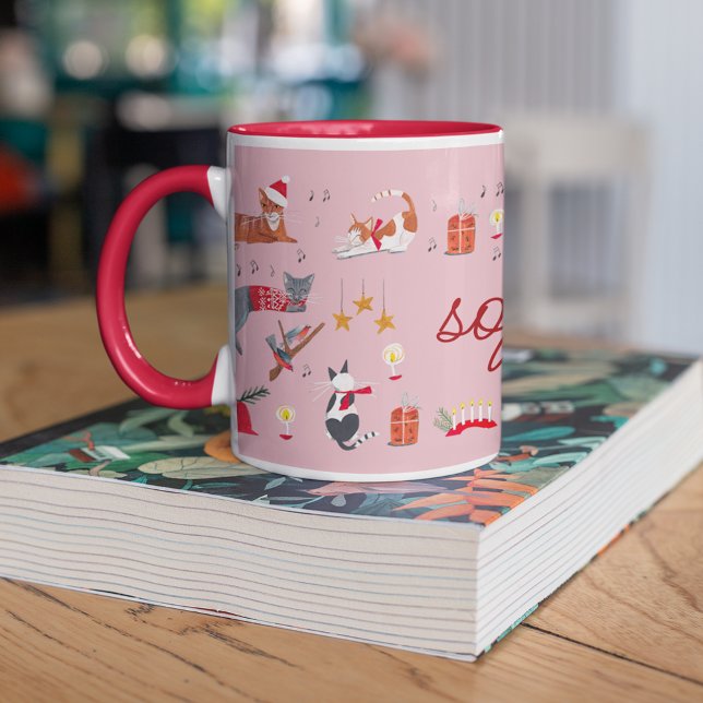 Niedliches Retro-Katzenrosa Weihnachtsmuster Tasse (Christmas Cat Lover Mug Custom Name Pink)