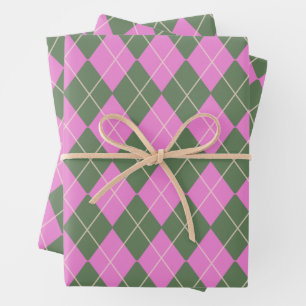 Niedliches Retro Preppy-Rosa- und Green-Raute-Must Geschenkpapier Set