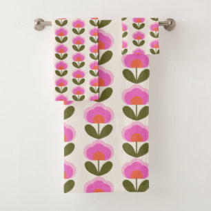 Niedliches Retro-Rosa-Skandinavien Blume Kunstmust Badhandtuch Set