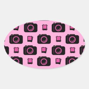 Niedliches Retro-Stil rosa Schwarze Kamera Muster Ovaler Aufkleber